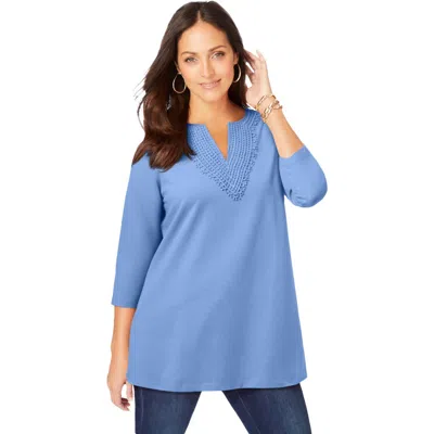 Jessica London Stretch Cotton Crochet Notch Neck Tunic In Blue