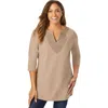 Jessica London Stretch Cotton Crochet Notch Neck Tunic In Brown