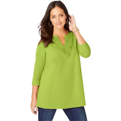Jessica London Stretch Cotton Crochet Notch Neck Tunic In Green