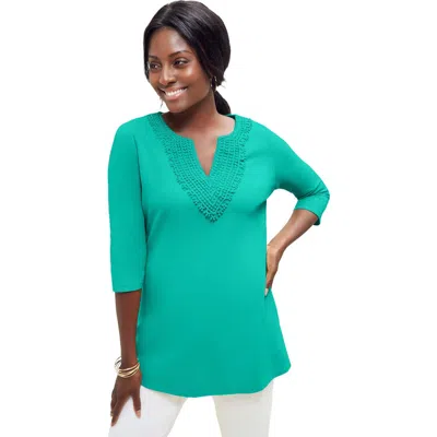 Jessica London Stretch Cotton Crochet Notch Neck Tunic In Green