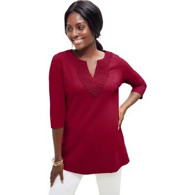 Jessica London Stretch Cotton Crochet Notch Neck Tunic In Red