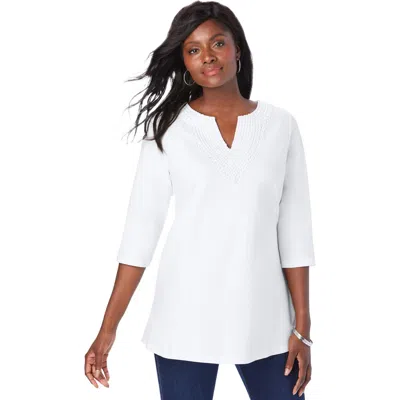 Jessica London Stretch Cotton Crochet Notch Neck Tunic In White