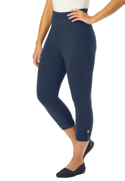 Jessica London Stretch Cotton Cuff-button Capri Legging In Blue