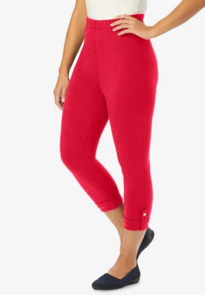 Jessica London Stretch Cotton Cuff-button Capri Legging In Red