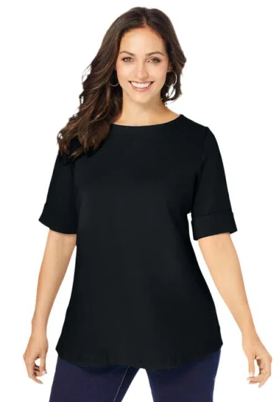Jessica London Stretch Cotton Cuff Tee In Black