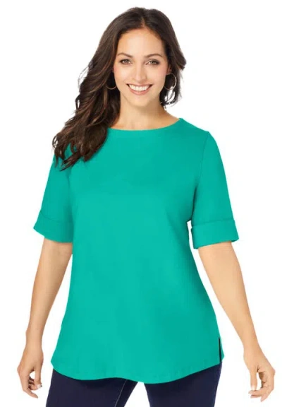 Jessica London Stretch Cotton Cuff Tee In Green