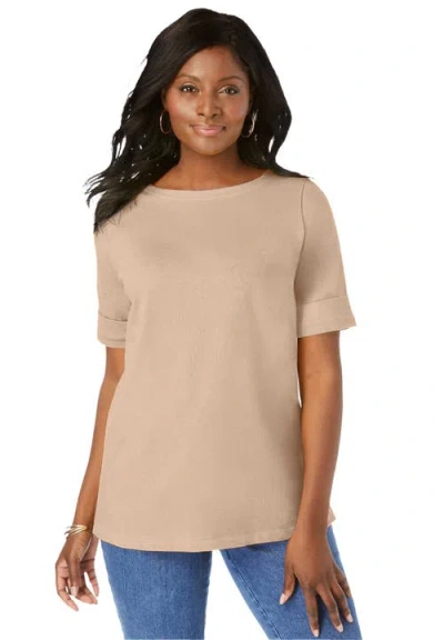 Jessica London Stretch Cotton Cuff Tee In Neutral