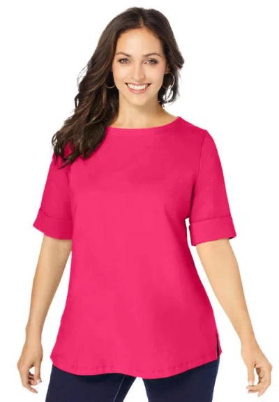 Jessica London Stretch Cotton Cuff Tee In Red