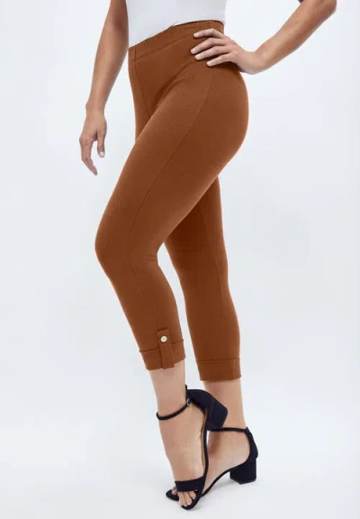 Jessica London Stretch Cotton Cuff-button Capri Legging In Brown