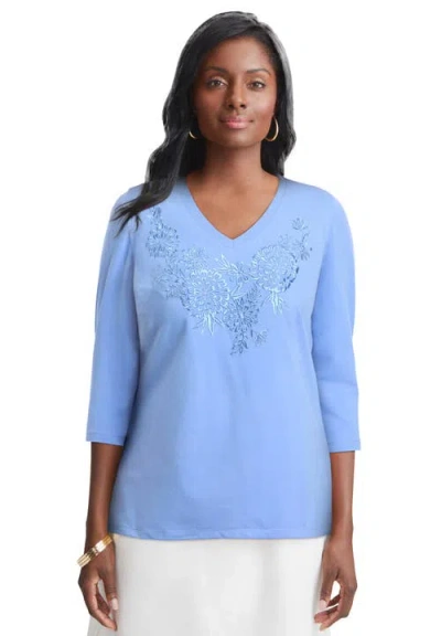Jessica London Stretch Cotton Embroidered Tee In Blue