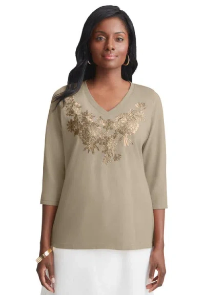 Jessica London Stretch Cotton Embroidered Tee In Brown