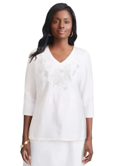 Jessica London Stretch Cotton Embroidered Tee In White