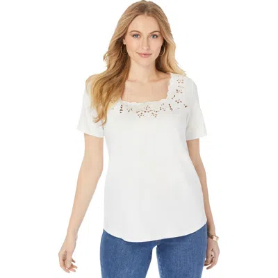Jessica London Stretch Cotton Eyelet Cutout Tee In White