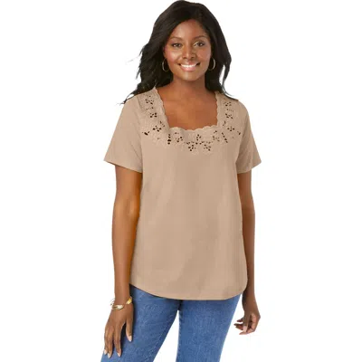 Jessica London Stretch Cotton Eyelet Cutout Tee In White