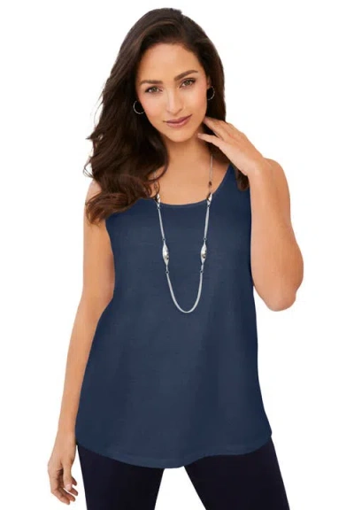 Jessica London Stretch Cotton Horseshoe Neck Tank In Blue