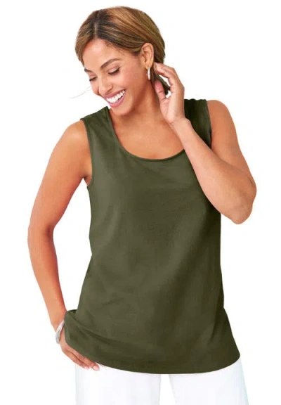 Jessica London Stretch Cotton Horseshoe Neck Tank In Green