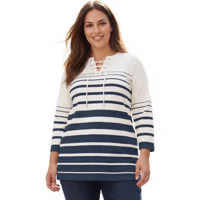 Jessica London Stretch Cotton Lace-up Boatneck Tunic In Blue