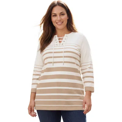 Jessica London Stretch Cotton Lace-up Boatneck Tunic In Nude