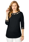 Jessica London Stretch Cotton Lattice Boatneck Tunic In Black