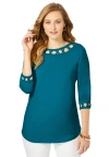Jessica London Stretch Cotton Lattice Boatneck Tunic In Blue