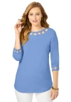 Jessica London Stretch Cotton Lattice Boatneck Tunic In Blue
