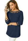 Jessica London Stretch Cotton Lattice Boatneck Tunic In Blue