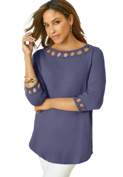 Jessica London Stretch Cotton Lattice Boatneck Tunic In Blue