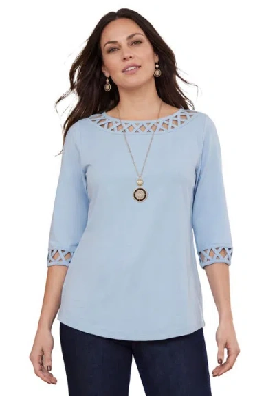 Jessica London Stretch Cotton Lattice Boatneck Tunic In Blue