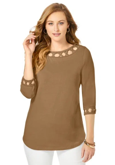 Jessica London Stretch Cotton Lattice Boatneck Tunic In Brown