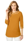 Jessica London Stretch Cotton Lattice Boatneck Tunic In Brown
