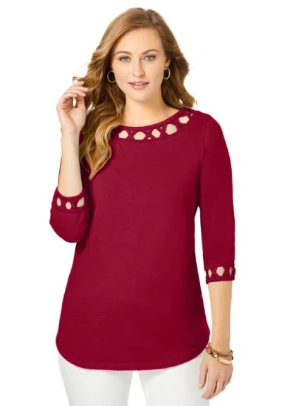 Jessica London Stretch Cotton Lattice Boatneck Tunic In Burgundy