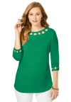 Jessica London Stretch Cotton Lattice Boatneck Tunic In Green