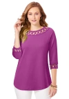Jessica London Stretch Cotton Lattice Boatneck Tunic In Purple