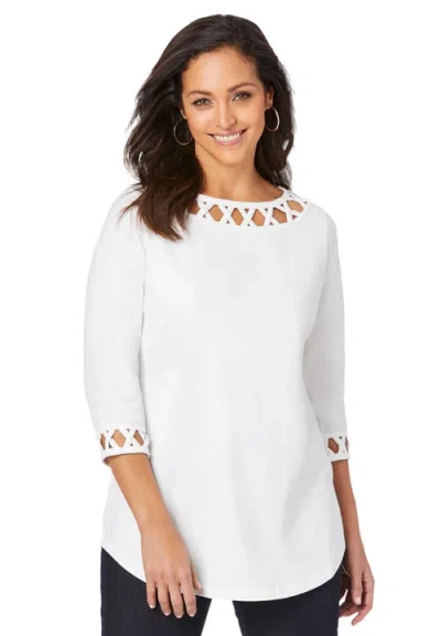 Jessica London Stretch Cotton Lattice Boatneck Tunic In White