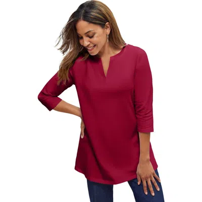Jessica London Stretch Cotton Notch Neck Tunic In Red