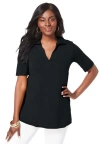 Jessica London Stretch Cotton Polo Tee In Black