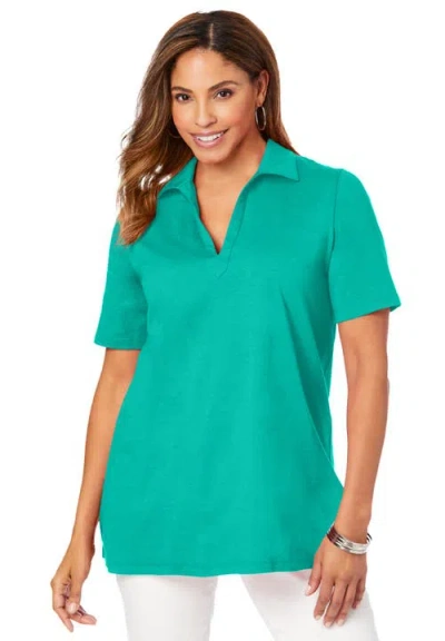 Jessica London Stretch Cotton Polo Tee In Green