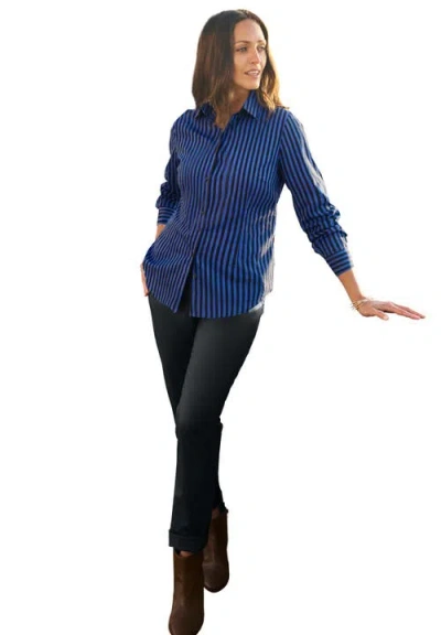 Jessica London Stretch Cotton Poplin Button Down Shirt In Blue