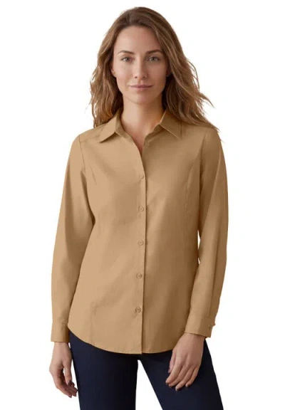 Jessica London Stretch Cotton Poplin Button Down Shirt In Brown