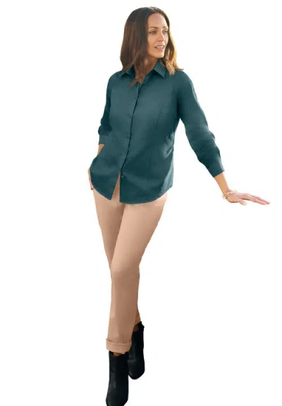 Jessica London Stretch Cotton Poplin Button Down Shirt In Green