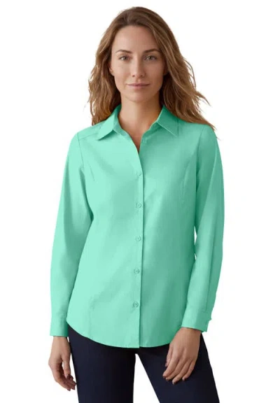 Jessica London Stretch Cotton Poplin Button Down Shirt In Green