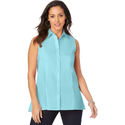 Jessica London Stretch Cotton Poplin Sleeveless Shirt In Blue