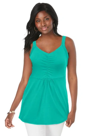 Jessica London Stretch Cotton Shirred Tank In Green