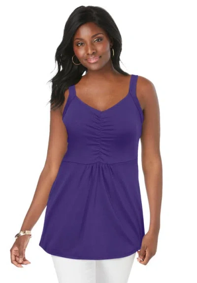 Jessica London Stretch Cotton Shirred Tank In Purple