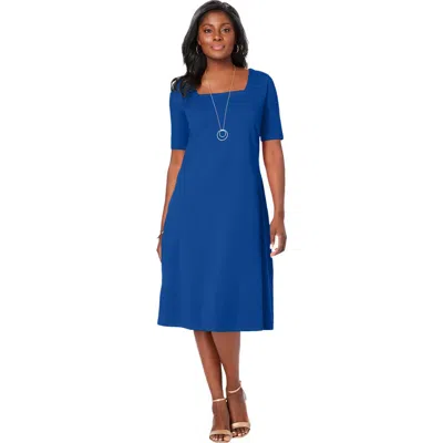 Jessica London Stretch Cotton Square Neck Midi Dress In Blue