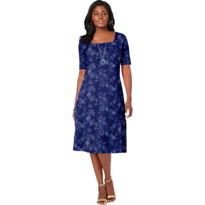 Jessica London Stretch Cotton Square Neck Midi Dress In Blue