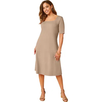 Jessica London Stretch Cotton Square Neck Midi Dress In Brown