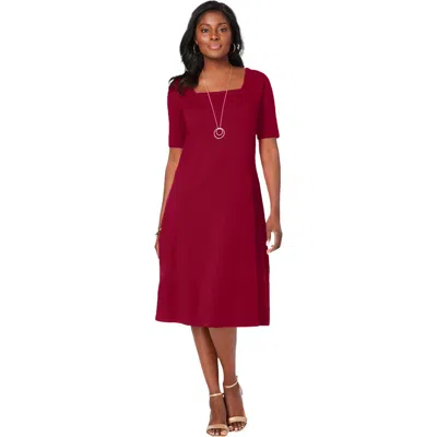 Jessica London Stretch Cotton Square Neck Midi Dress In Burgundy