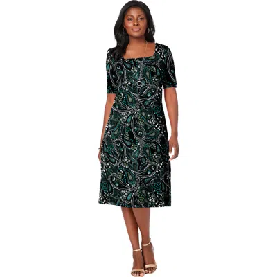 Jessica London Stretch Cotton Square Neck Midi Dress In Green