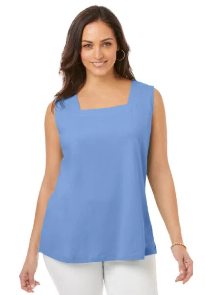 Jessica London Stretch Cotton Square Neck Tank In Blue